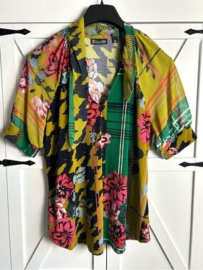 7Th Ave Design Studio Green Floral Mix Tie Front Blouse